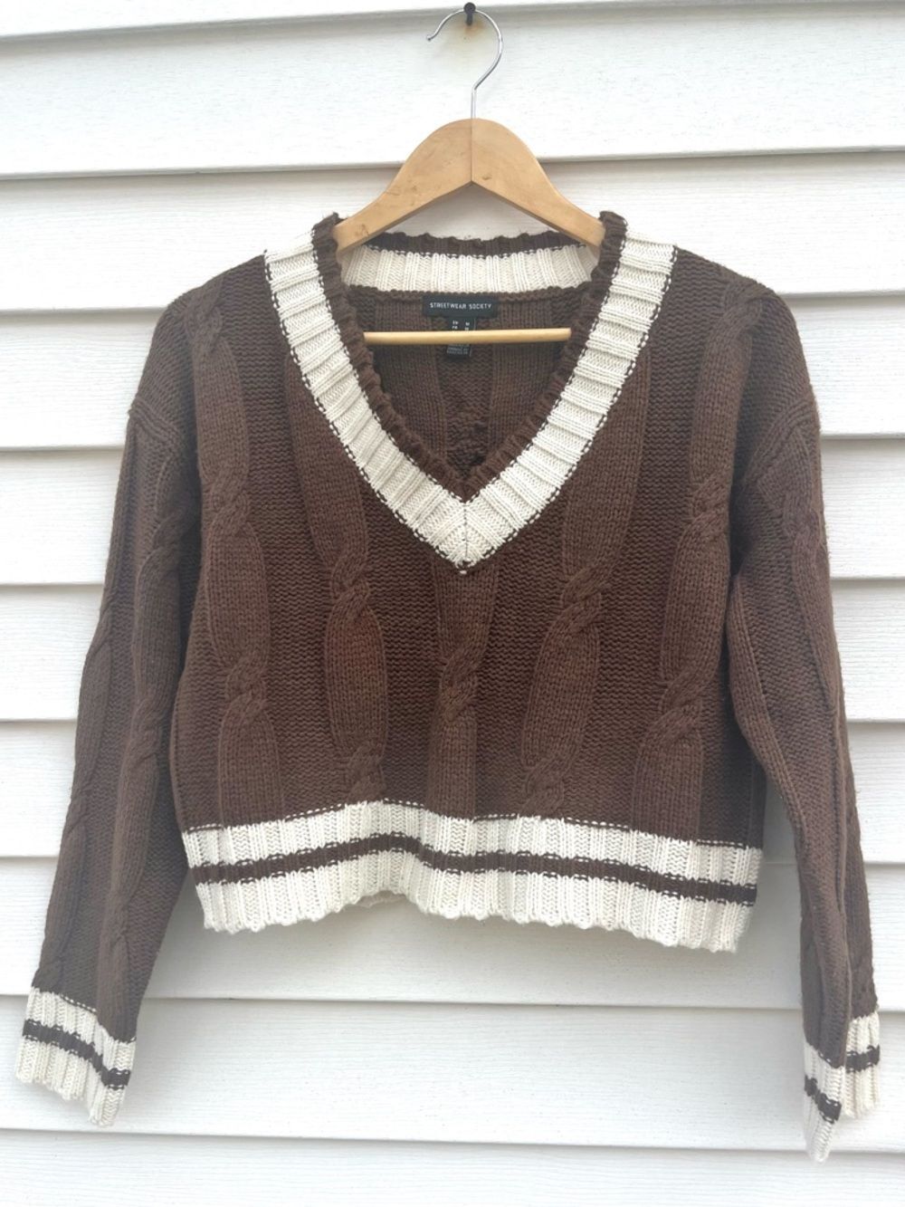 Streetwear Society Cropped V-Neck Cable Knit Sweater Brown Cream Size Medium